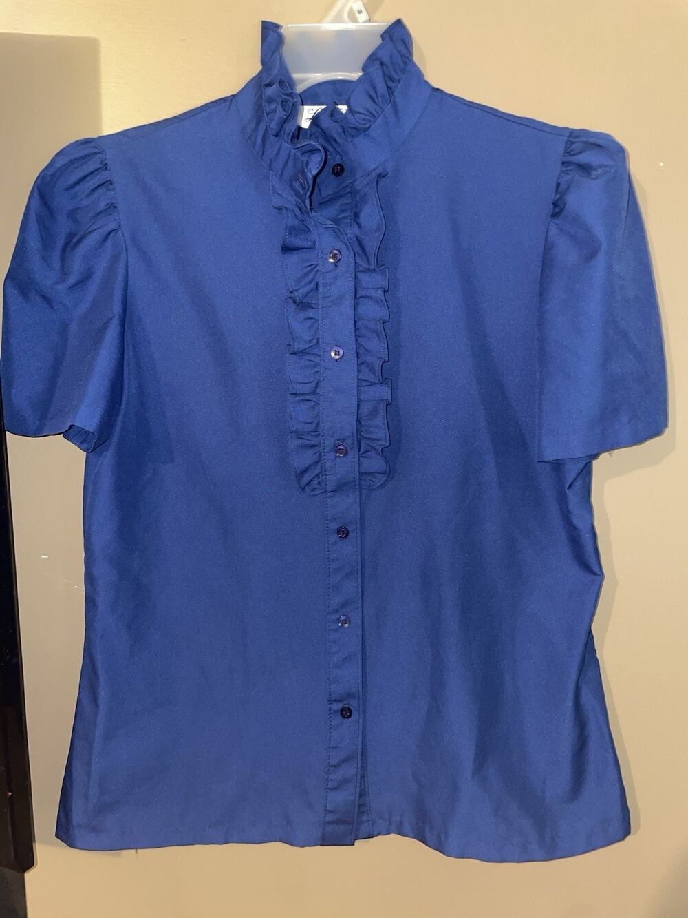 Lucky Winner Women’s Vintage Blouse Navy Blue Ruffle Front And Collar Sz M Soft